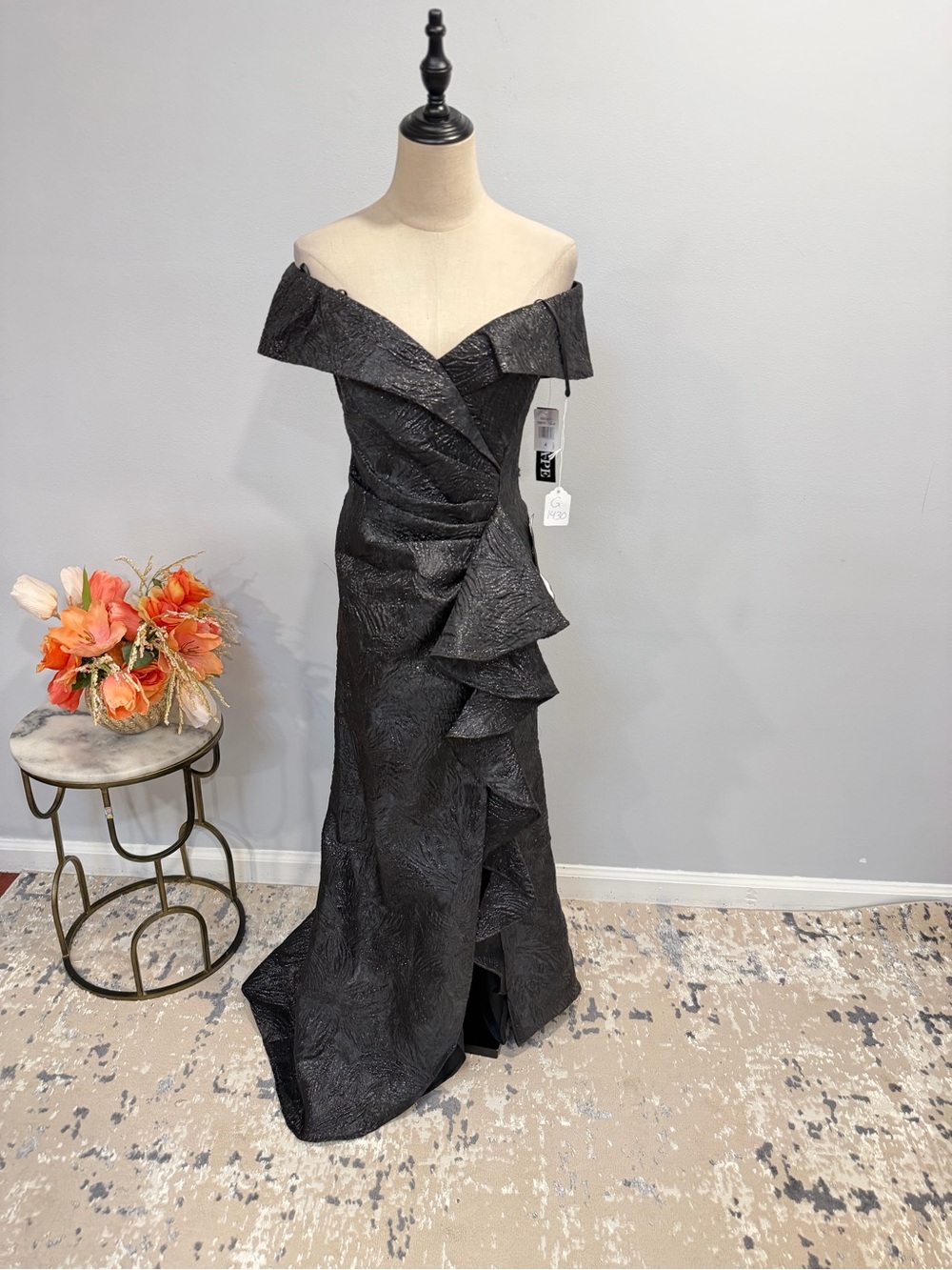 Xscape Metallic Black Off The Shoulder Cascading Ruffles Mermaid Evening Gown
